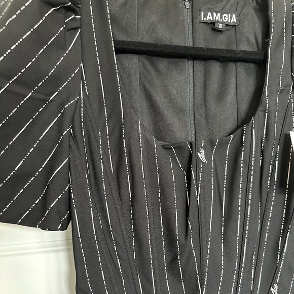 NWT I.AM.GIA Chelsey Pinstripe Puff Sleeve Corset Mini Dress in Black - Picture 2 of 4